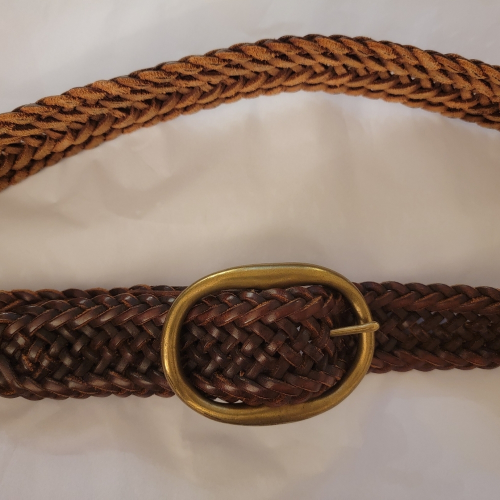 Lucky Brand Braided Brown Leather Belt with 4" Brass Buckle Size 36" DISTRESSED